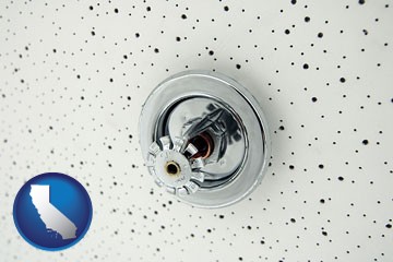 a fire sprinkler head mounted in an acoustic tile ceiling - with California icon