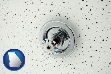 a fire sprinkler head mounted in an acoustic tile ceiling - with Georgia icon
