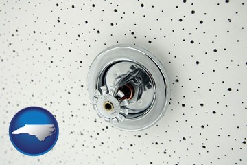 a fire sprinkler head mounted in an acoustic tile ceiling - with North Carolina icon