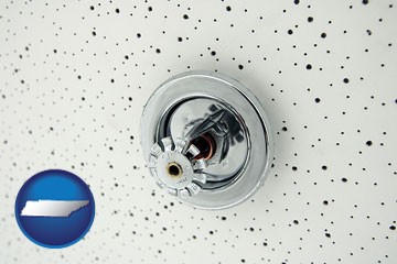 a fire sprinkler head mounted in an acoustic tile ceiling - with Tennessee icon