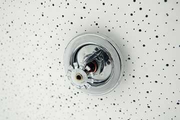 a fire sprinkler head mounted in an acoustic tile ceiling